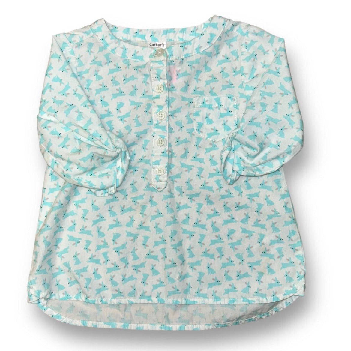 Girls Carter's Size 18 Months Blue & White Bunnies Button Down Blouse with short sleeves and a collar.