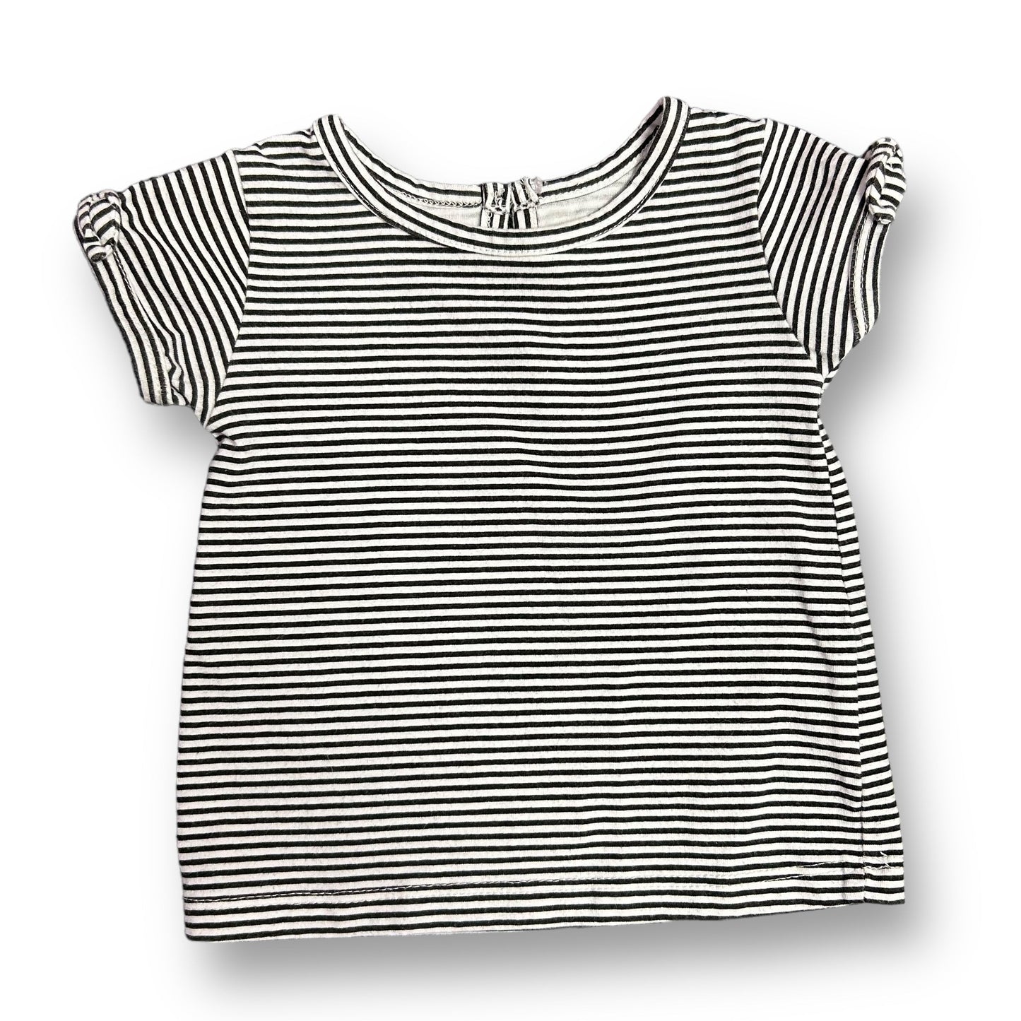 White and blue striped short sleeve shirt for girls, size 6-9 months, with a round neckline.
