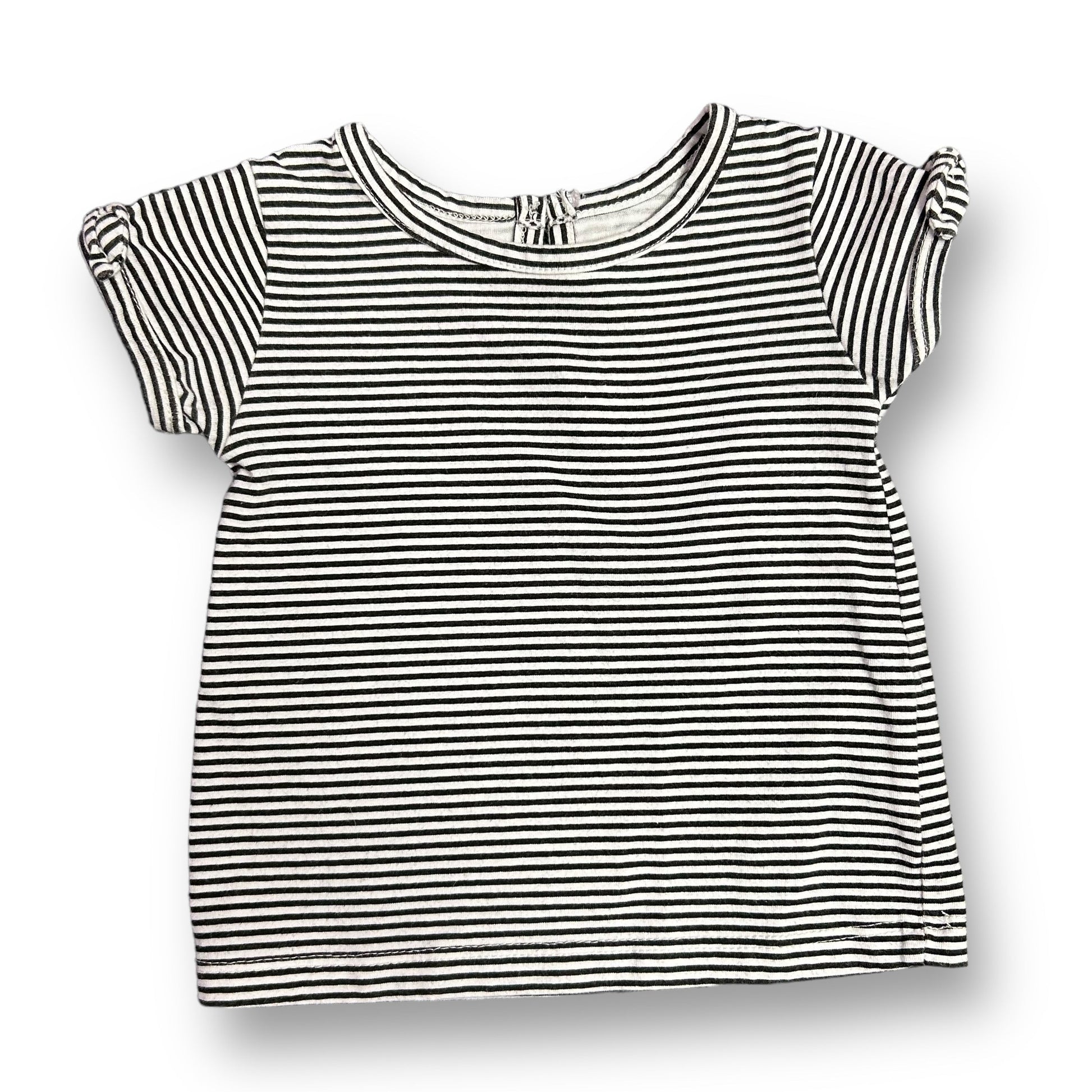 White and blue striped short sleeve shirt for girls, size 6-9 months, with a round neckline.