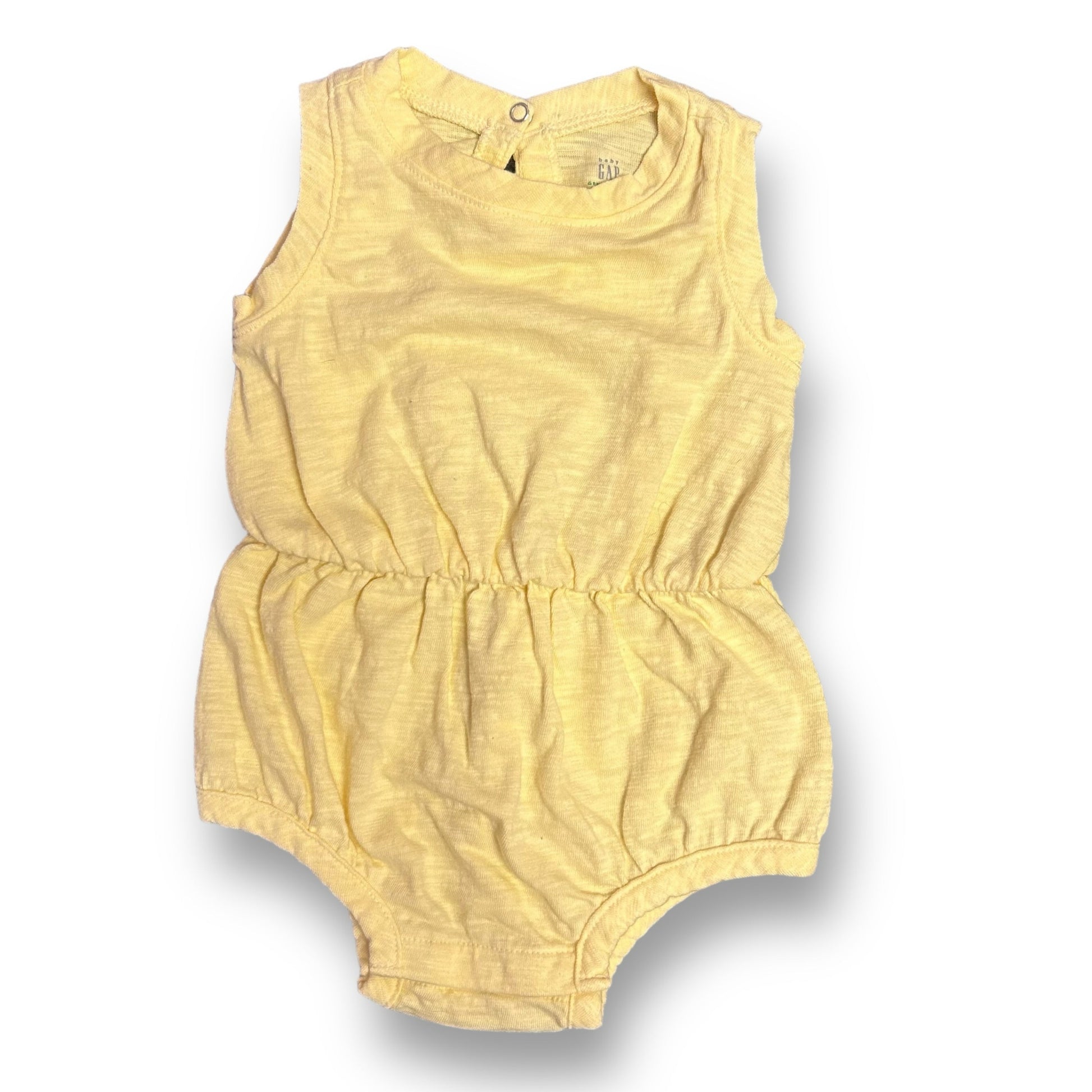 A pale yellow snap bottom romper for girls, displayed on a plain background.