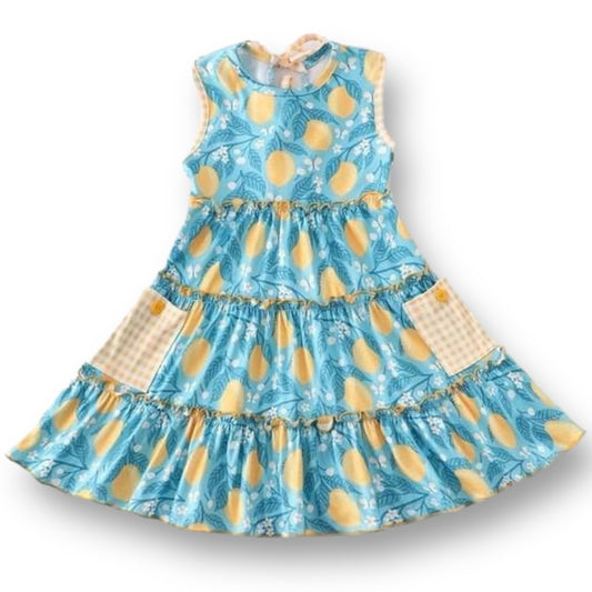 NEW! Girls Size 3 Country Blue Lemon Print Ruffle Sun Dress with Pockets
